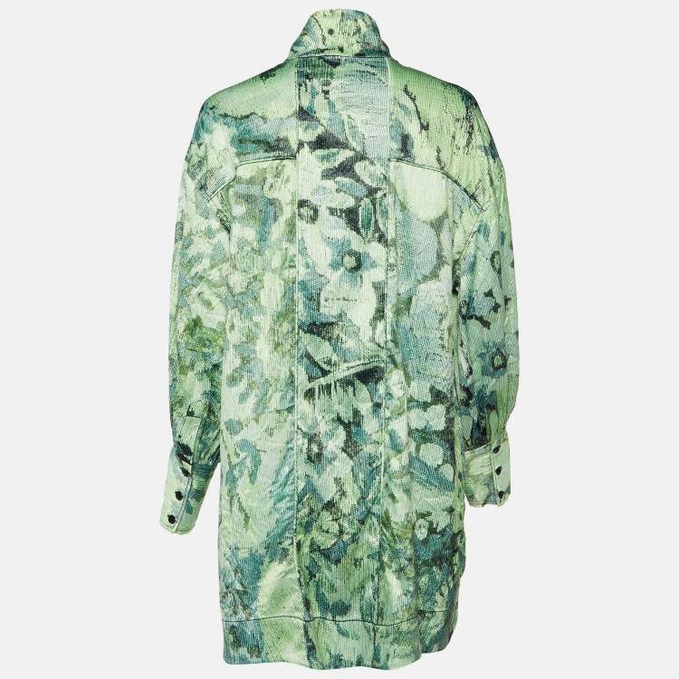 Pre Owned Ganni Green Abstract Floral Print Satin Mini Dress L