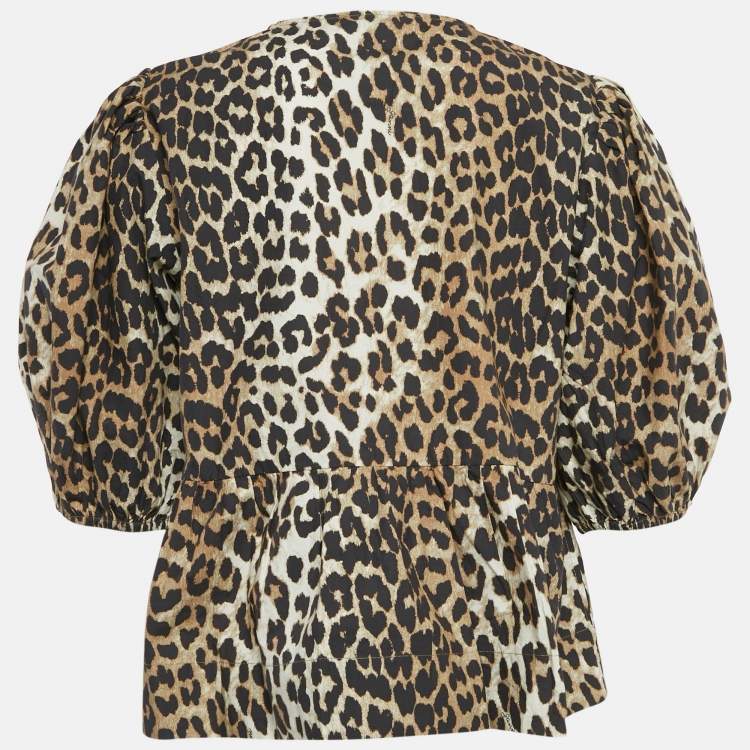 Pre Owned Ganni Brown Leopard Print Cotton Gathered Top M