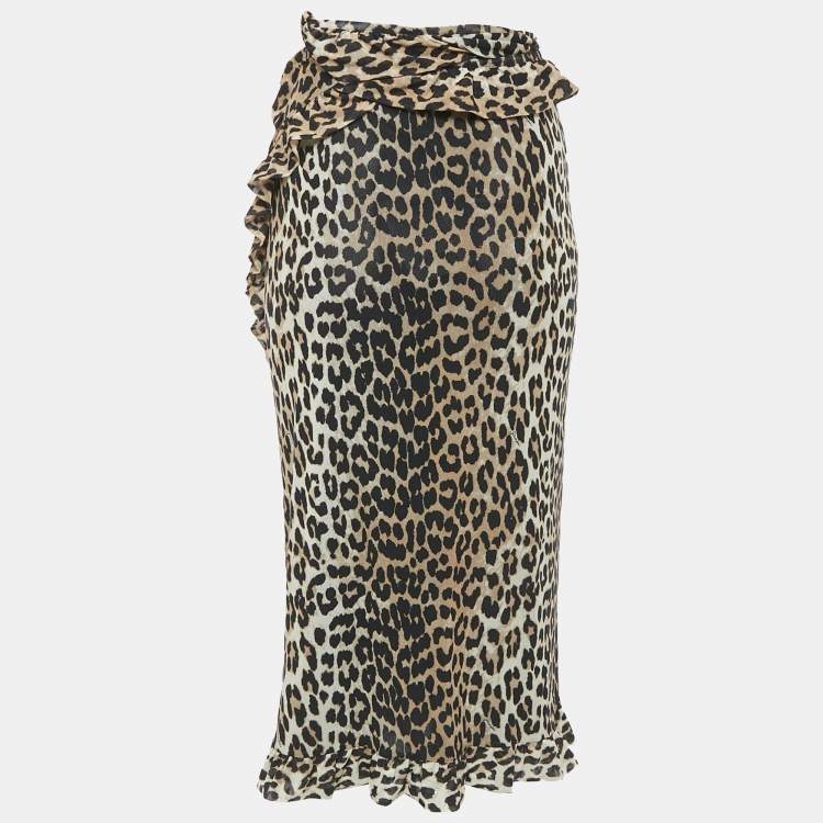 Pre Owned Ganni Brown Leopard Print Mesh Ruffled Wrap Seedpearl Skirt L