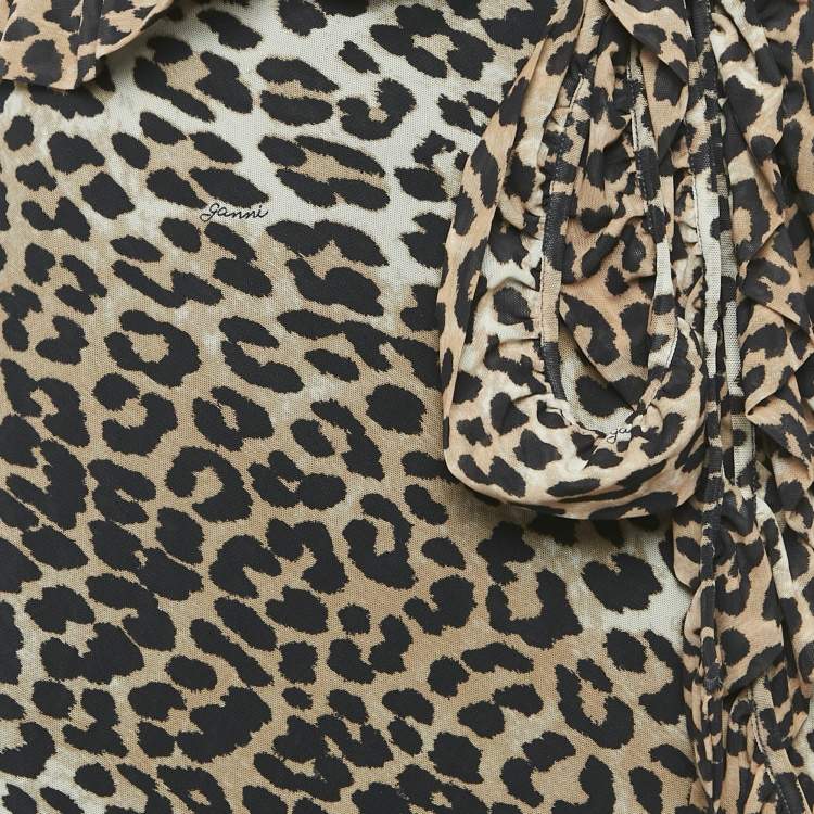 Pre Owned Ganni Brown Leopard Print Mesh Ruffled Wrap Seedpearl Skirt L