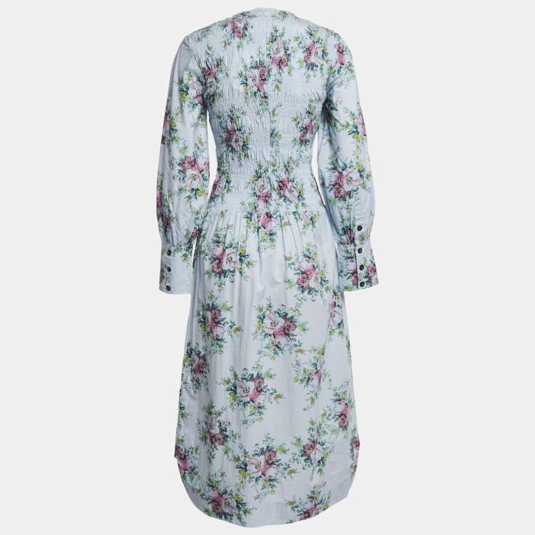 Pre Owned Ganni Blue Floral Print Cotton Shirring Detail Midi Dress XS