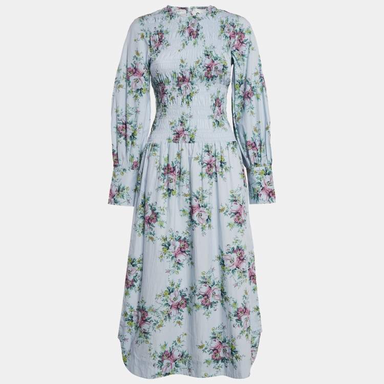 Pre Owned Ganni Blue Floral Print Cotton Shirring Detail Midi Dress XS