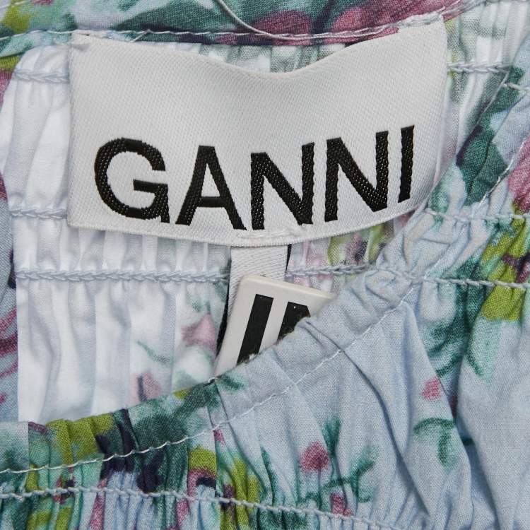 Pre Owned Ganni Blue Floral Print Cotton Shirring Detail Midi Dress XS