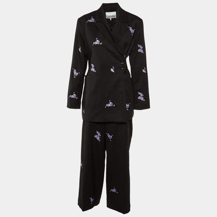 Pre Owned Ganni Charcoal Grey Embroidered Wool Wrap Blazer & Pants Set M