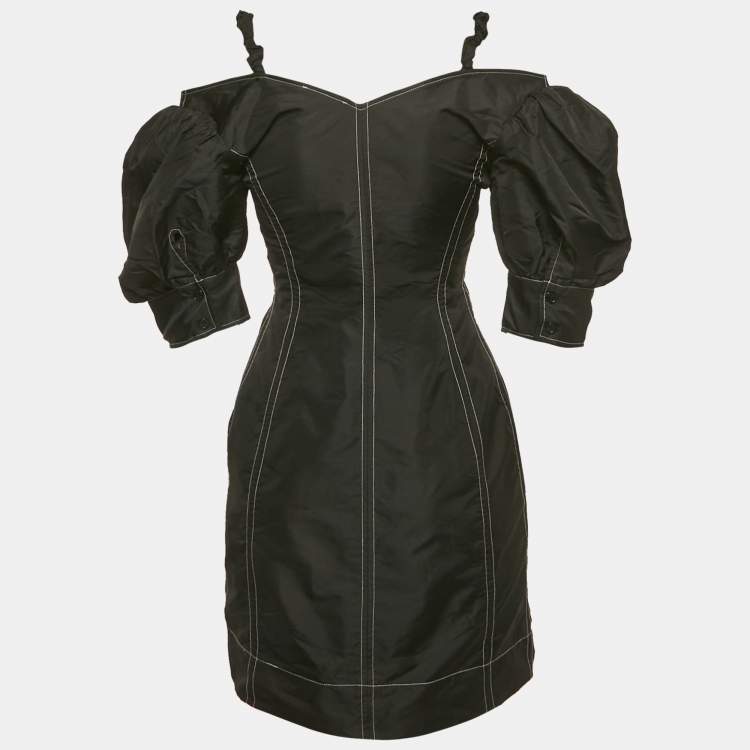 Pre Owned Ganni Black Taffeta Off Shoulder Mini Dress XS 