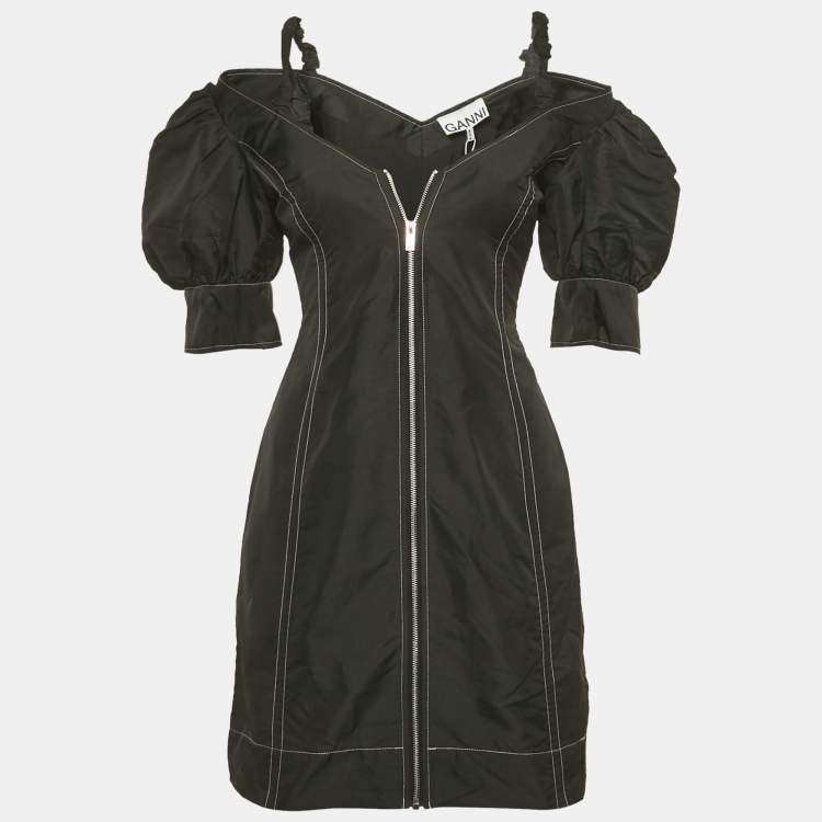 Pre Owned Ganni Black Taffeta Off Shoulder Mini Dress XS 