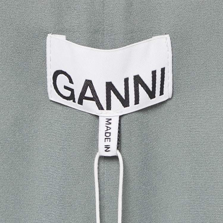 Pre Owned Ganni Green Rose Jacquard Ruched Button Front Mini Dress M