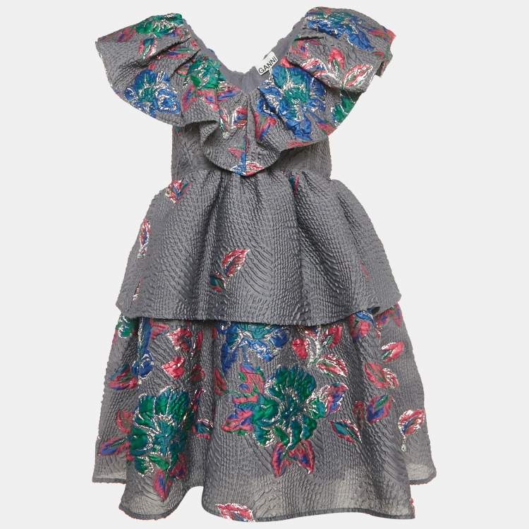 Pre Owned Ganni Grey Lurex Jacquard Tiered Mini Dress XS