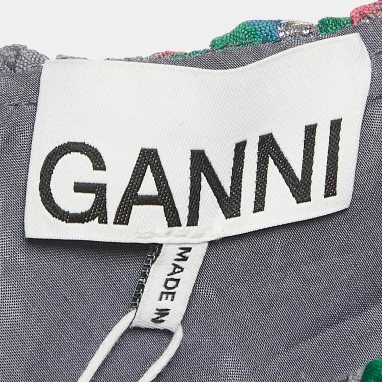 Pre Owned Ganni Grey Lurex Jacquard Tiered Mini Dress XS