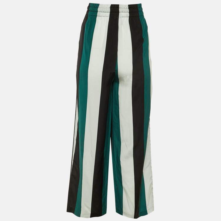 Pre Owned Ganni Green Block Striped Silk Electra Pants M