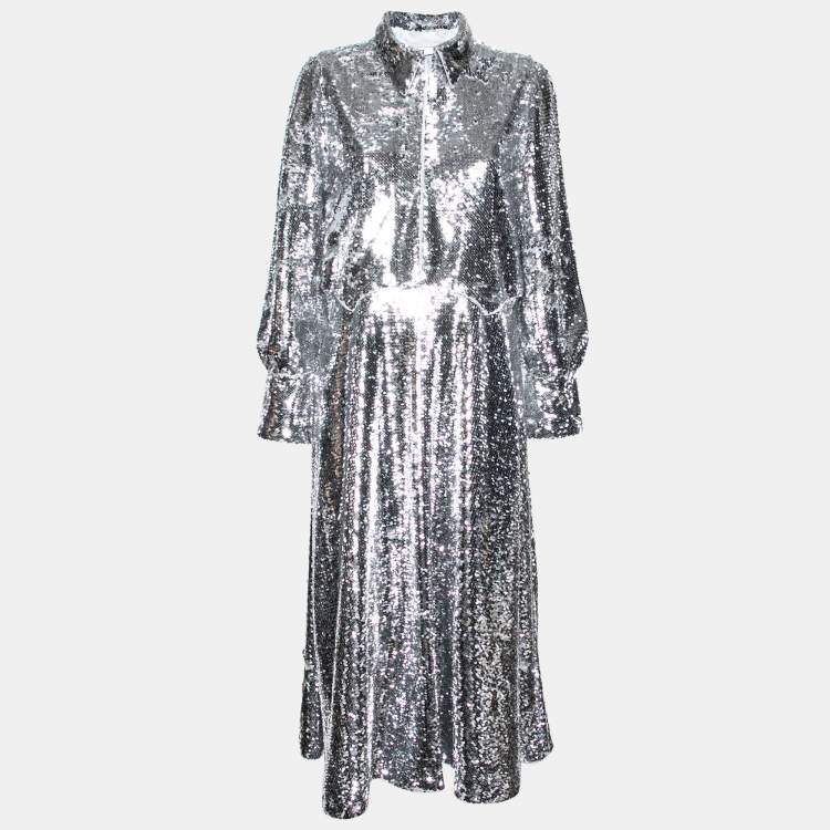 Pre Owned Ganni Silver Synthetic Sonora Sequin Collar Maxi Dress S