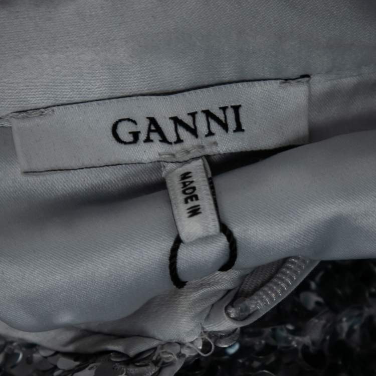 Pre Owned Ganni Silver Synthetic Sonora Sequin Collar Maxi Dress S