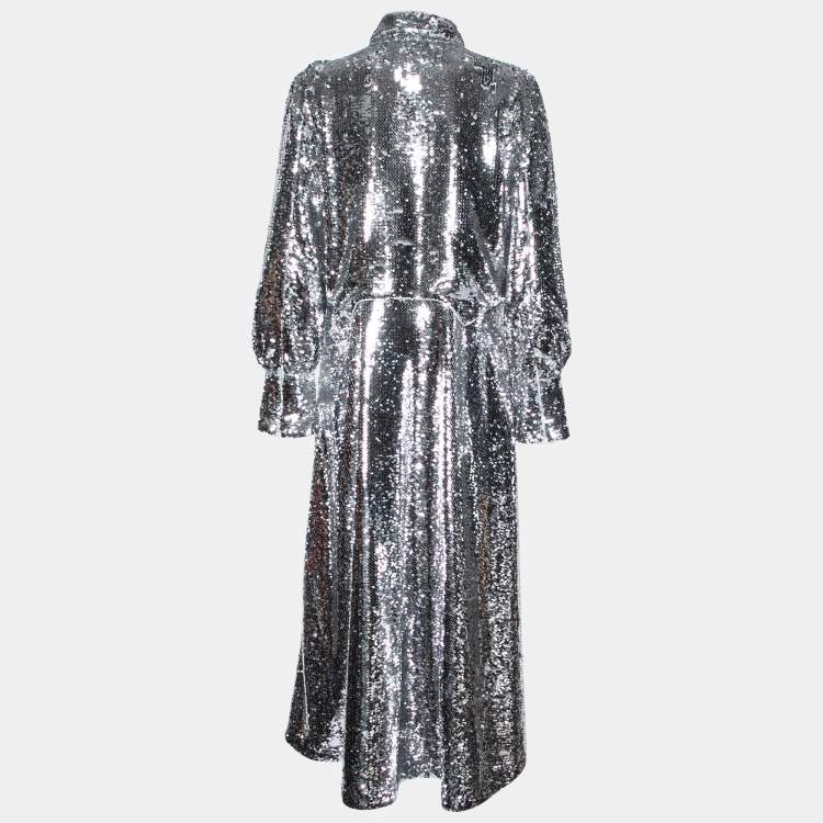 Pre Owned Ganni Silver Synthetic Sonora Sequin Collar Maxi Dress S