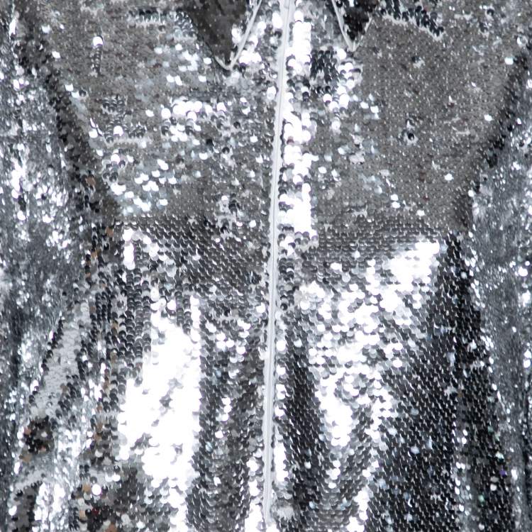 Pre Owned Ganni Silver Synthetic Sonora Sequin Collar Maxi Dress S