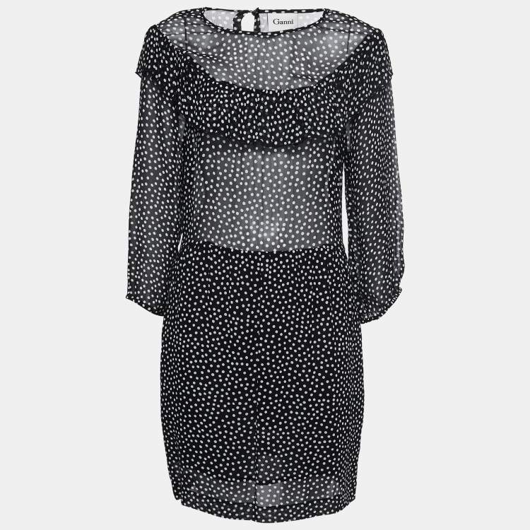 Pre Owned Ganni Black Polka Dotted Crepe Belleville Short Dress XL