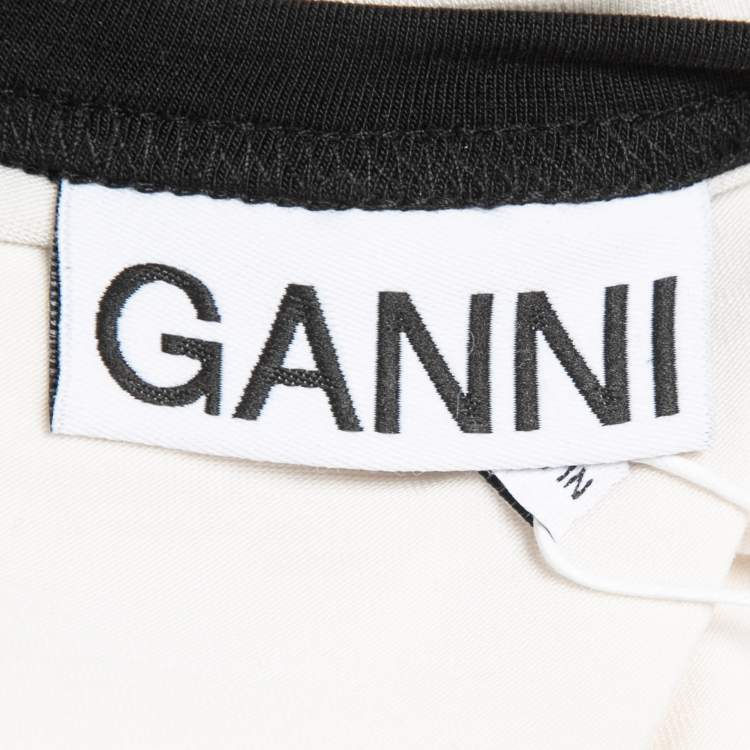 Pre Owned Ganni Cream Logo Print Knit Crew Neck Half Sleeve T-Shirt M
