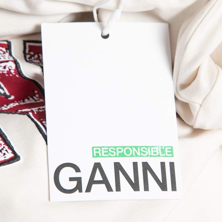 Pre Owned Ganni Cream Logo Print Knit Crew Neck Half Sleeve T-Shirt M