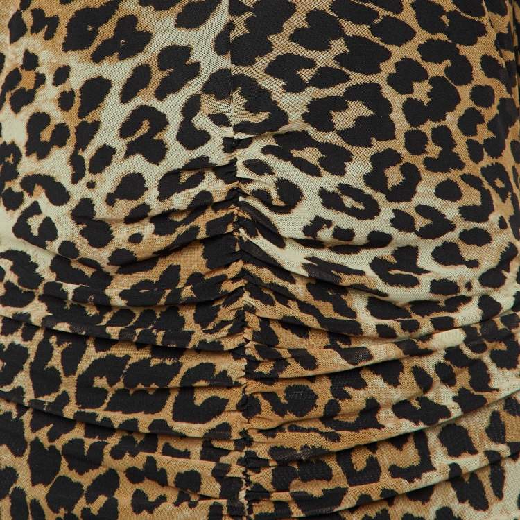 Pre Owned Ganni Brown Animal Printed Mesh Ruched Mini Dress S