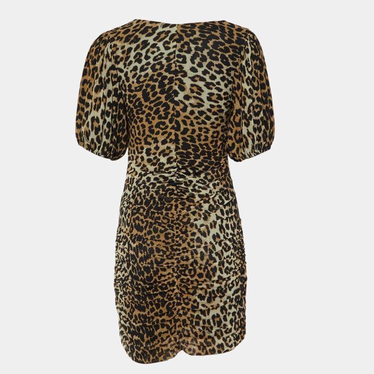 Pre Owned Ganni Brown Animal Printed Mesh Ruched Mini Dress S