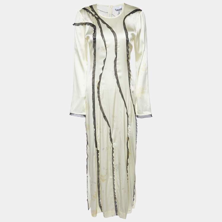 Pre Owned Ganni Yellow Printed Silk Satin Lace Trim Slited Maxi Dress M