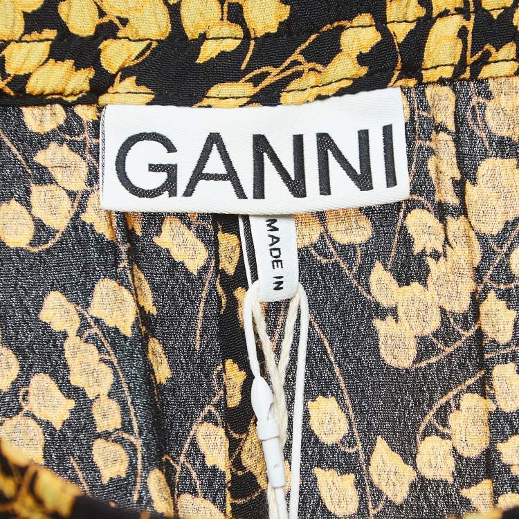 Pre Owned Ganni Black/Yellow Floral Printed Crepe Asymmetrical Skirt L