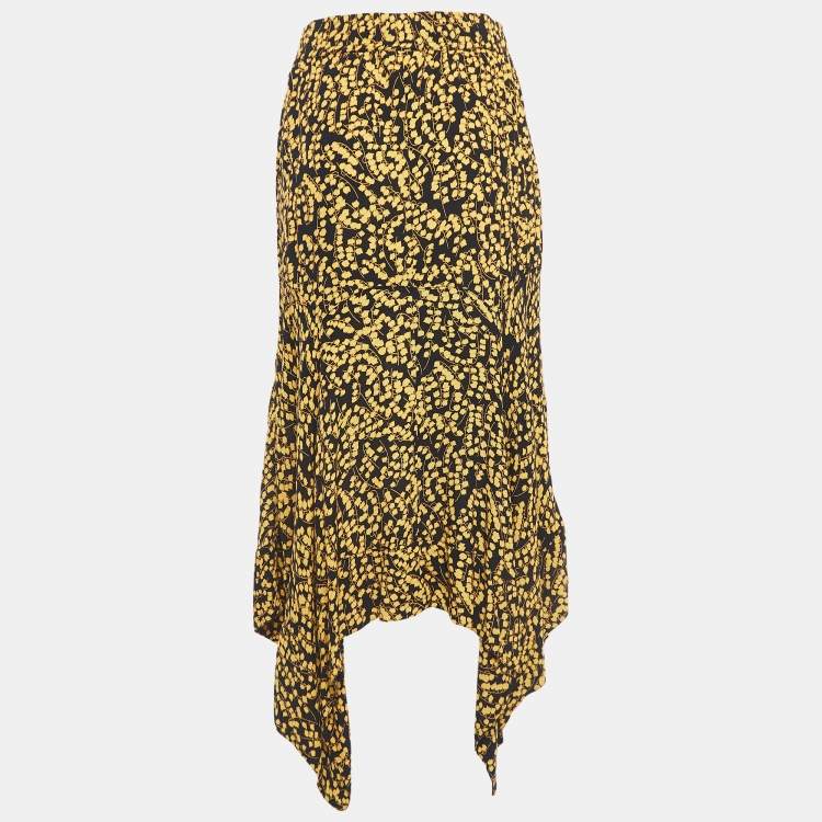 Pre Owned Ganni Black/Yellow Floral Printed Crepe Asymmetrical Skirt L