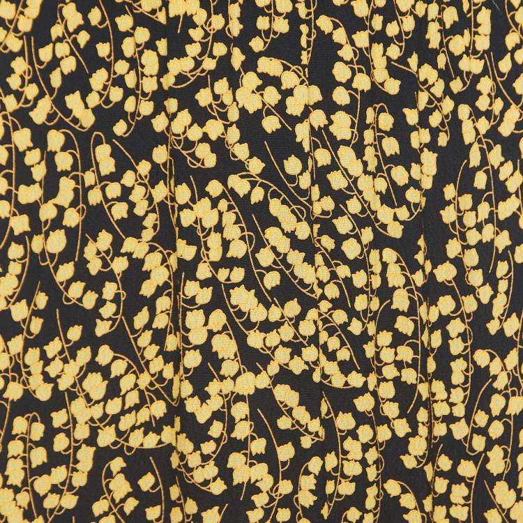 Pre Owned Ganni Black/Yellow Floral Printed Crepe Asymmetrical Skirt L
