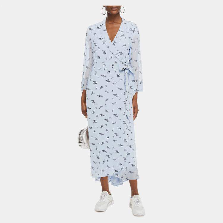 Pre Owned Ganni Blue Floral Print Viscose Midi Wrap Dress EU 36