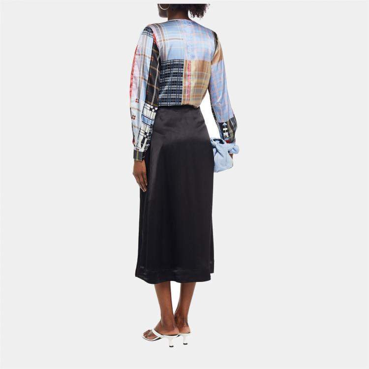 Pre Owned Ganni Black Satin Midi Skirt L (EU 40)