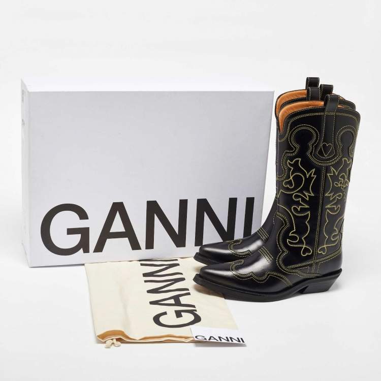 Pre Owned Ganni Black Leather Contrast Stitch Mid Calf Cowboy Boots Size 38