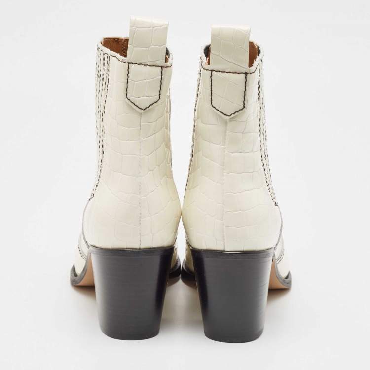 Pre Owned Ganni White Croc Embossed Patent Leather Callie Ankle Boots Size 40