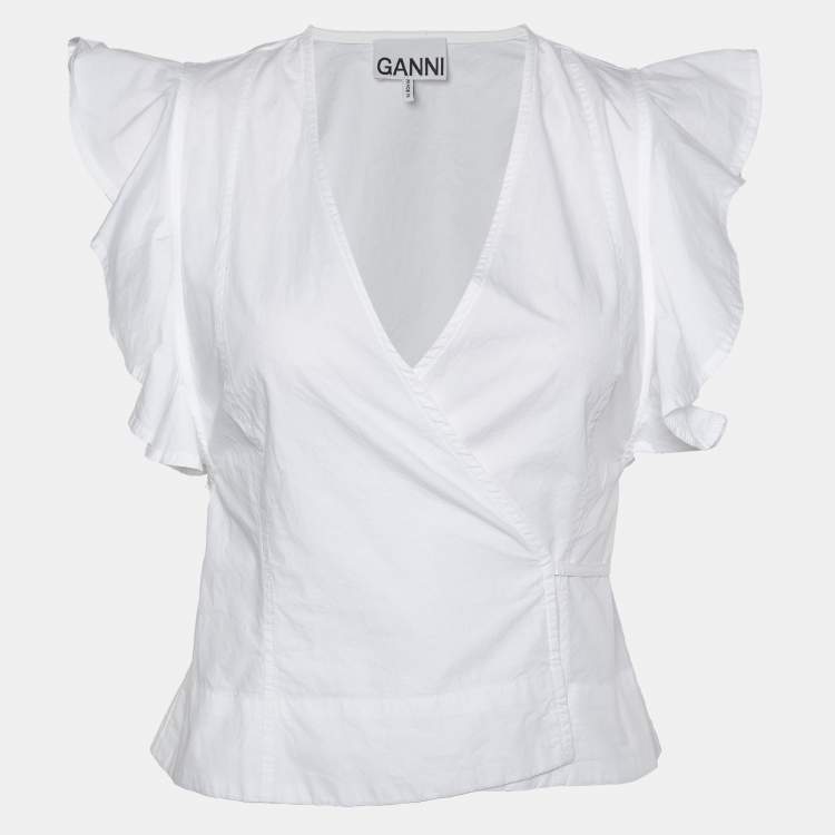 Pre Owned Ganni White Cotton Cap Sleeves Wrap Top XXS