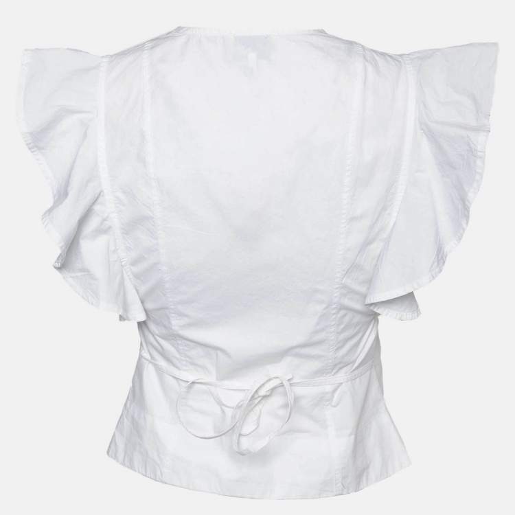 Pre Owned Ganni White Cotton Cap Sleeves Wrap Top XXS