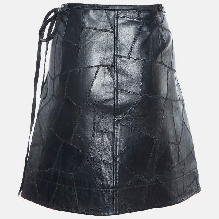 Pre Owned Ganni Black Patchwork Leather Wrap Around Mini Skirt XL 