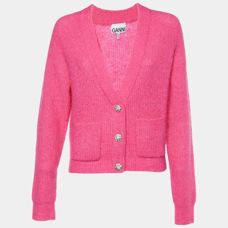 Pre Owned Ganni Pink Alpaca Wool Knit Crystal Button Detail Cardigan S