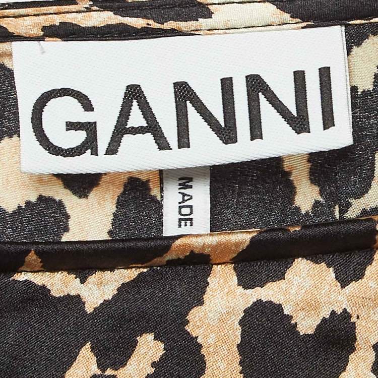 Pre Owned Ganni Brown Leopard Print Satin Ruffled Midi Skirt S