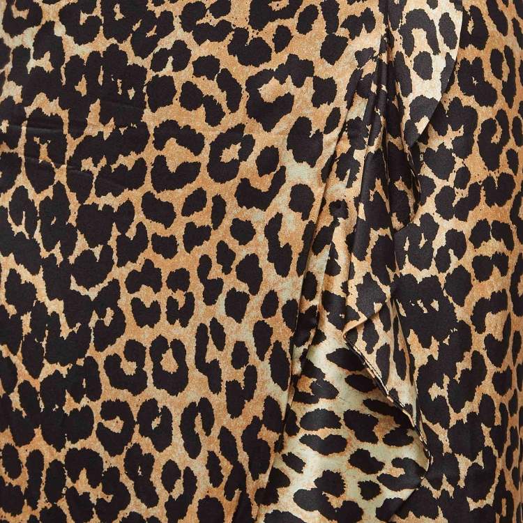 Pre Owned Ganni Brown Leopard Print Satin Ruffled Midi Skirt S