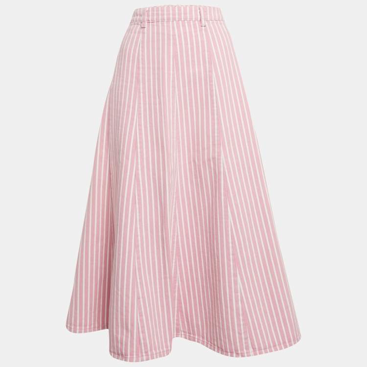 Pre Owned Ganni Pink Stripe Denim Midi Skirt M