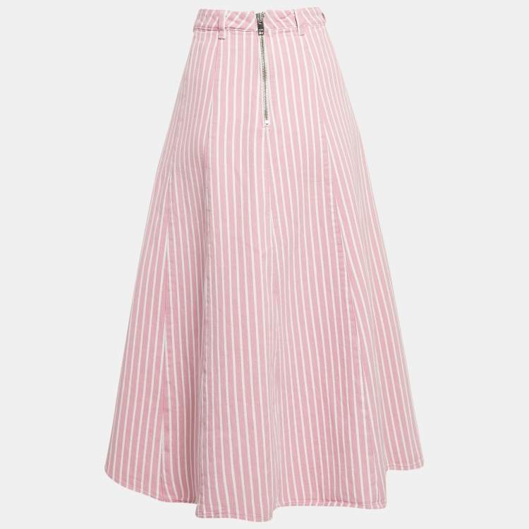 Pre Owned Ganni Pink Stripe Denim Midi Skirt M