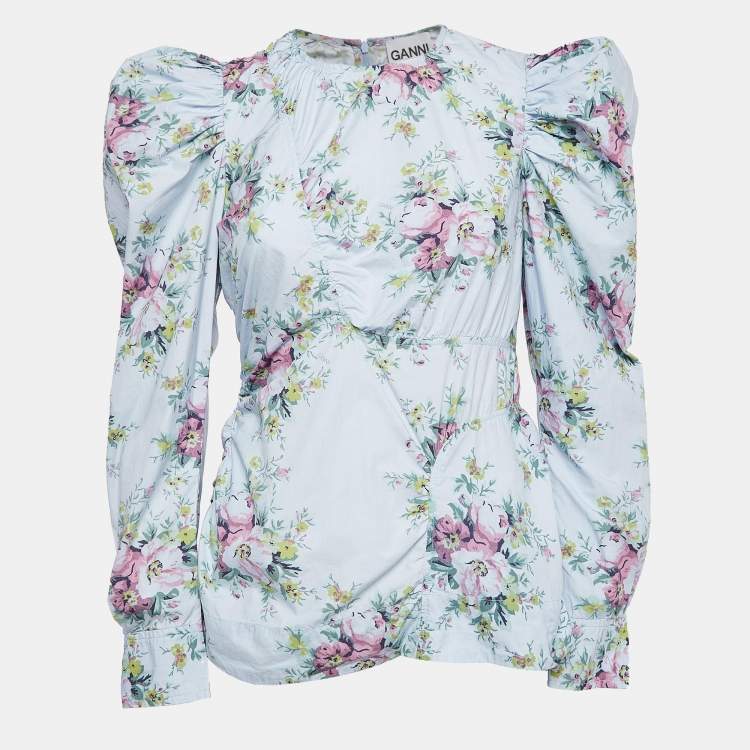 Pre Owned Ganni Blue Floral Print Puff Sleeve Top M