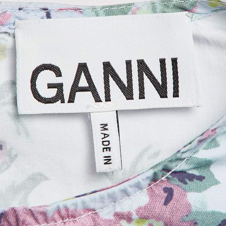Pre Owned Ganni Blue Floral Print Puff Sleeve Top M