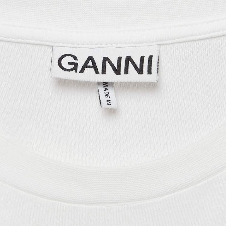 Pre Owned Ganni White Printed Cotton Knit Crew Neck T-Shirt XL