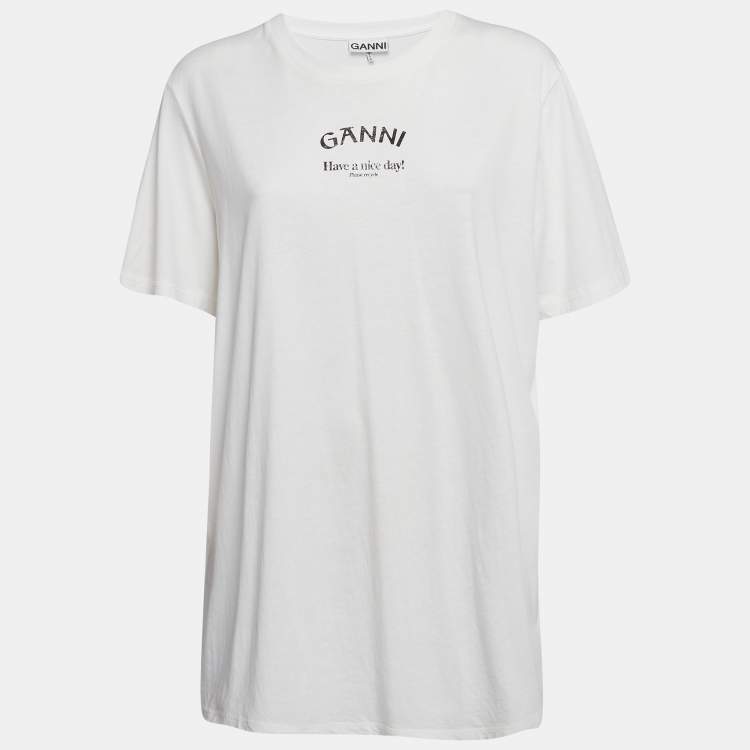 Pre Owned Ganni White Printed Cotton Knit Crew Neck T-Shirt XL