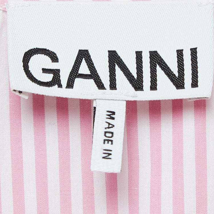 Pre Owned Ganni Pink/White Stripe Cotton Ruffled Collar Shirt M