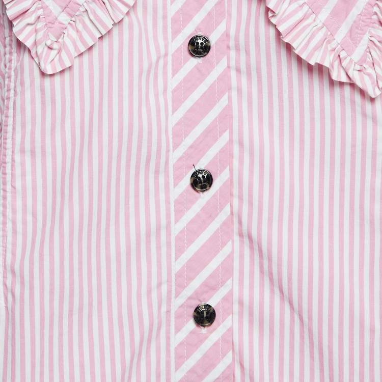 Pre Owned Ganni Pink/White Stripe Cotton Ruffled Collar Shirt M