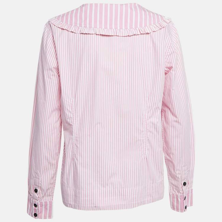 Pre Owned Ganni Pink/White Stripe Cotton Ruffled Collar Shirt M