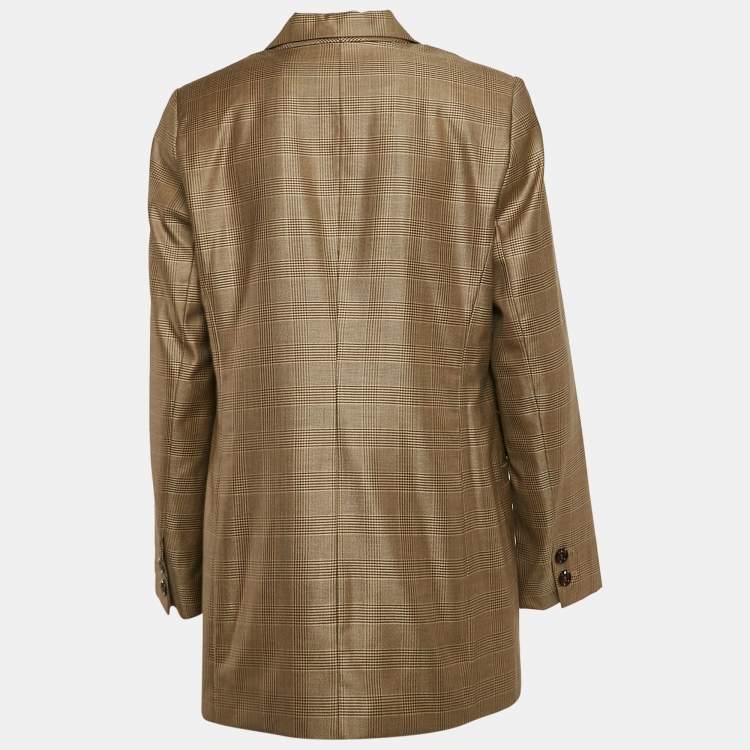 Pre Owned Ganni Brown Plaid Silk Blend Double Breasted Blazer L