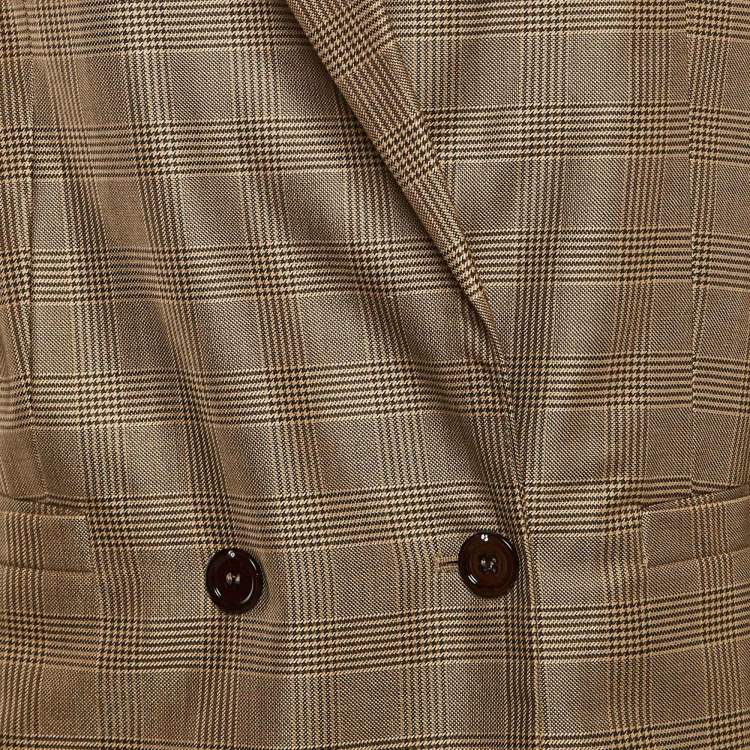 Pre Owned Ganni Brown Plaid Silk Blend Double Breasted Blazer L