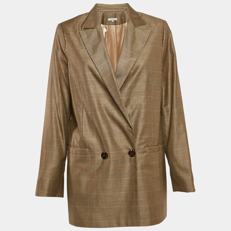 Pre Owned Ganni Brown Plaid Silk Blend Double Breasted Blazer L