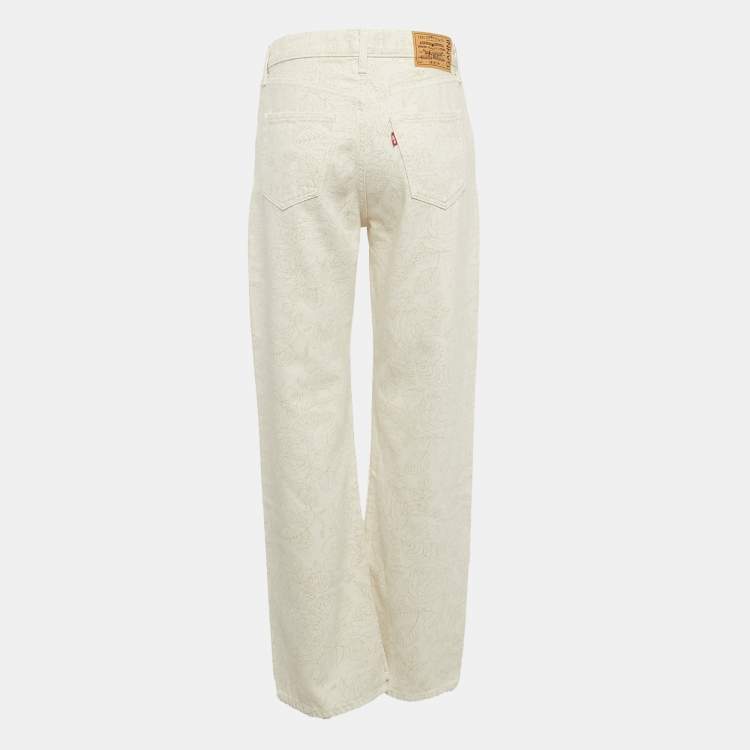 Pre Owned Ganni White Floral Print Denim Loose Straight Jeans M Waist 30"